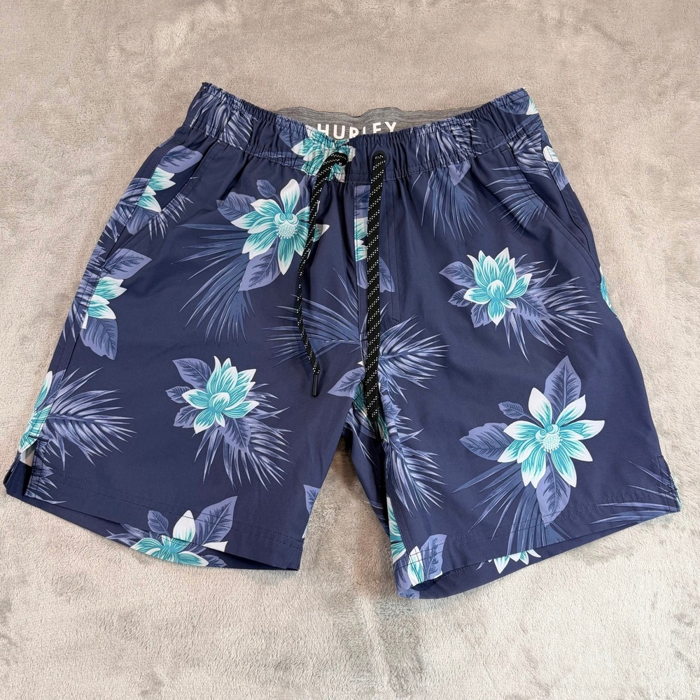 Hurley Mens Lined Board Shorts Floral Tropical Swim Trunks Navy Blue Small